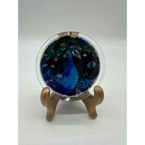 Joan Baker Lucite Paperweight Hand Painted Peacock Round Design 3” Multicolored